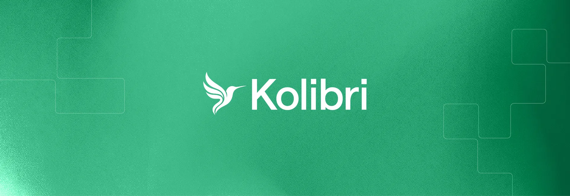 Green gradient with the white Kolibri hummingbird logo and wordmark in the centre, framed by thin stepped outlines on the left and right