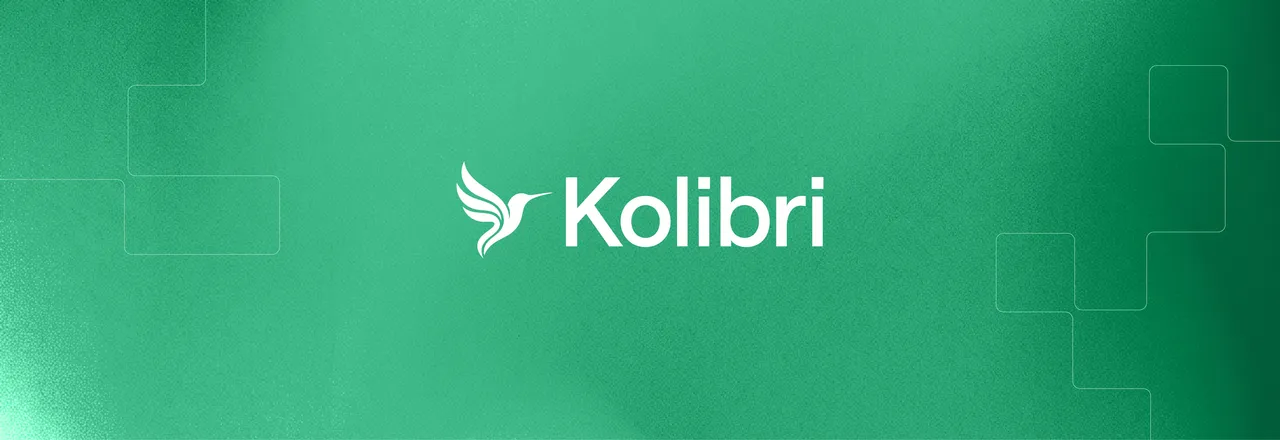 Green gradient with the white Kolibri hummingbird logo and wordmark in the centre, framed by thin stepped outlines on the left and right