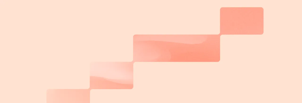 Pale peach background with rounded coral blocks rising like a staircase from the lower left to the upper right