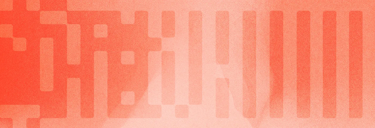 Grainy coral gradient with scattered pixel blocks on the left that settle into evenly spaced vertical bars on the right