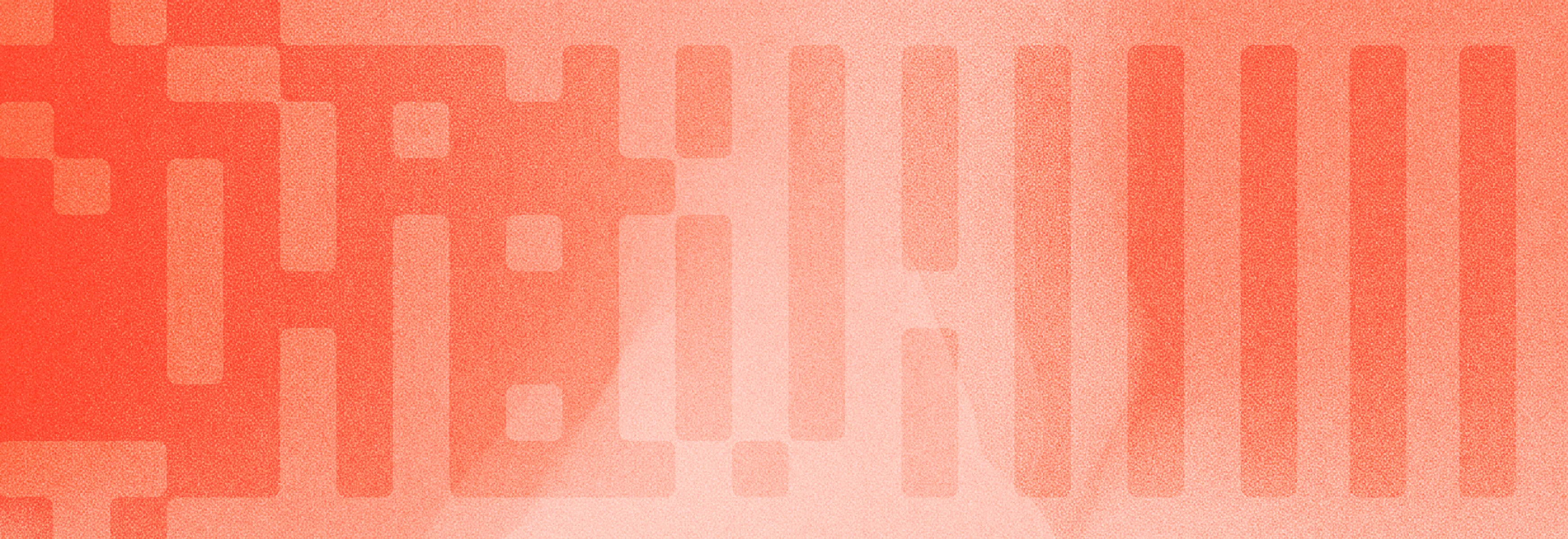 Grainy coral gradient with scattered pixel blocks on the left that settle into evenly spaced vertical bars on the right