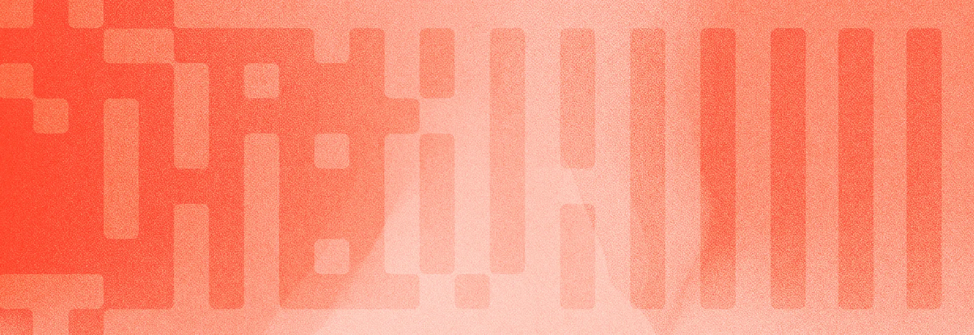 Grainy coral gradient with scattered pixel blocks on the left that settle into evenly spaced vertical bars on the right