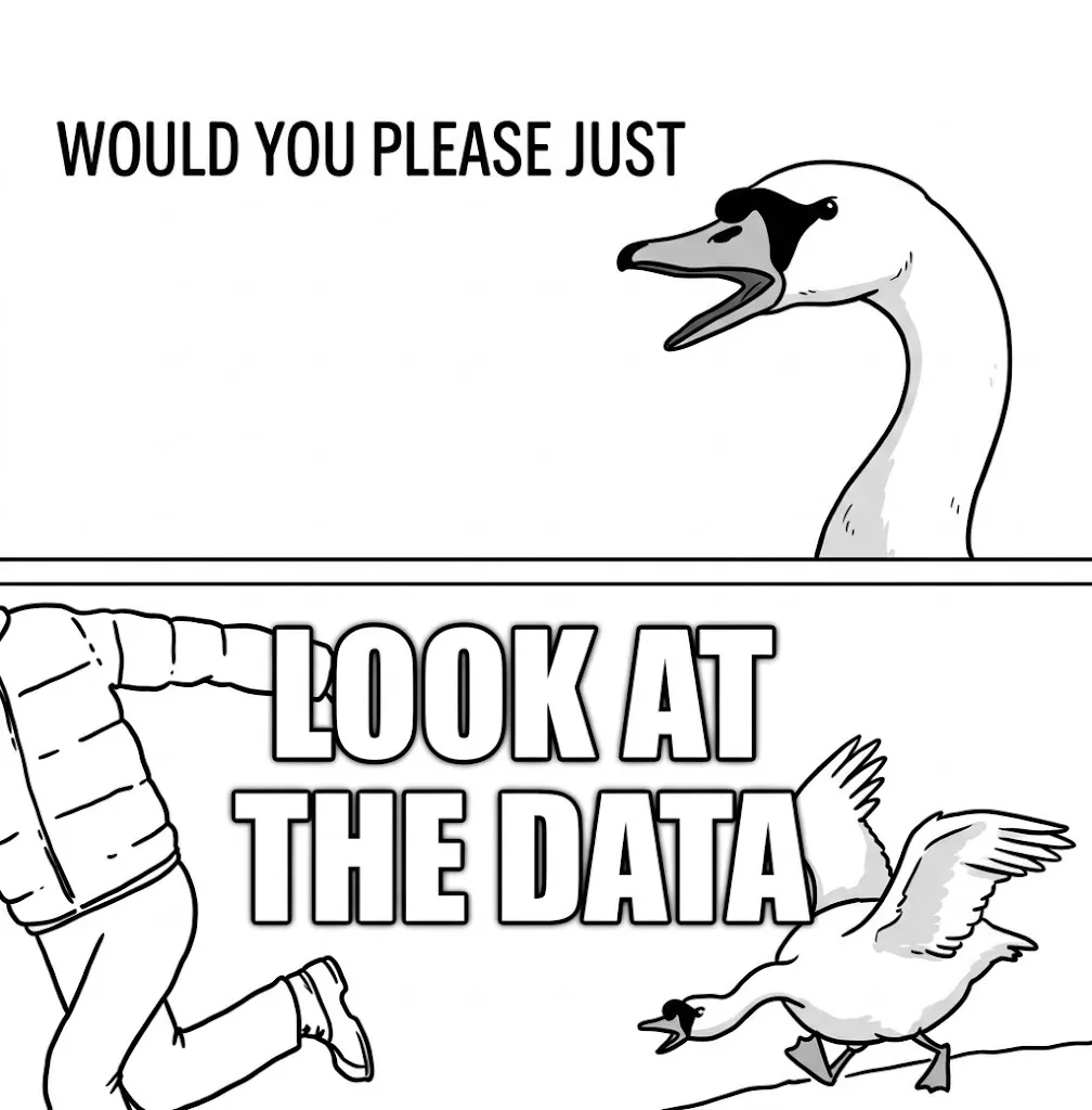 Two-panel meme: a swan says “Would you please just”, then chases a person while the caption reads “Look at the data”