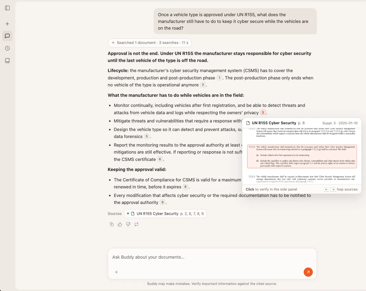 Chat answer about UN R155 cyber security obligations with numbered citations; a popover shows the cited passage highlighted on page 8 of the source document