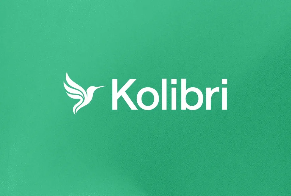 Green gradient with the white Kolibri hummingbird logo and wordmark in the centre, framed by thin stepped outlines on the left and right