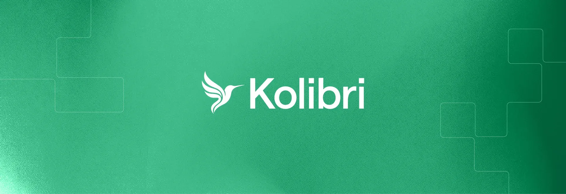 Green gradient with the white Kolibri hummingbird logo and wordmark in the centre, framed by thin stepped outlines on the left and right