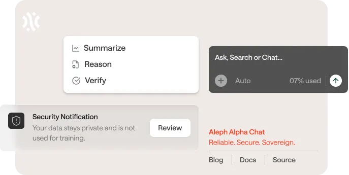 Vorschau der Benutzeroberfläche der Anwendung mit Chat-Eingabe, Analysefunktionen und Sicherheitsbenachrichtigung.